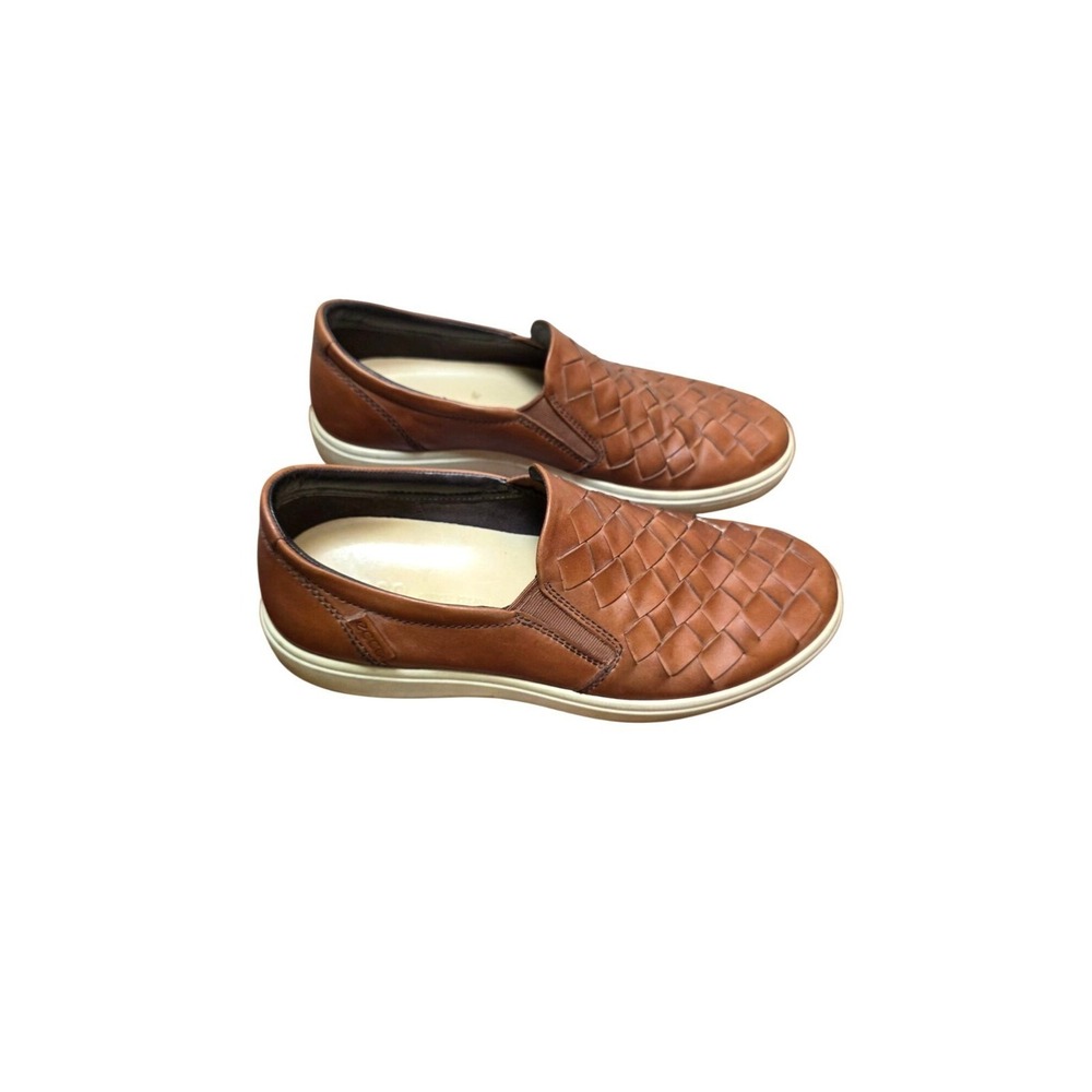 Ecco Men Brown Leather Woven Boho Vacations Beach Slip-On Shoes Size 41 EU